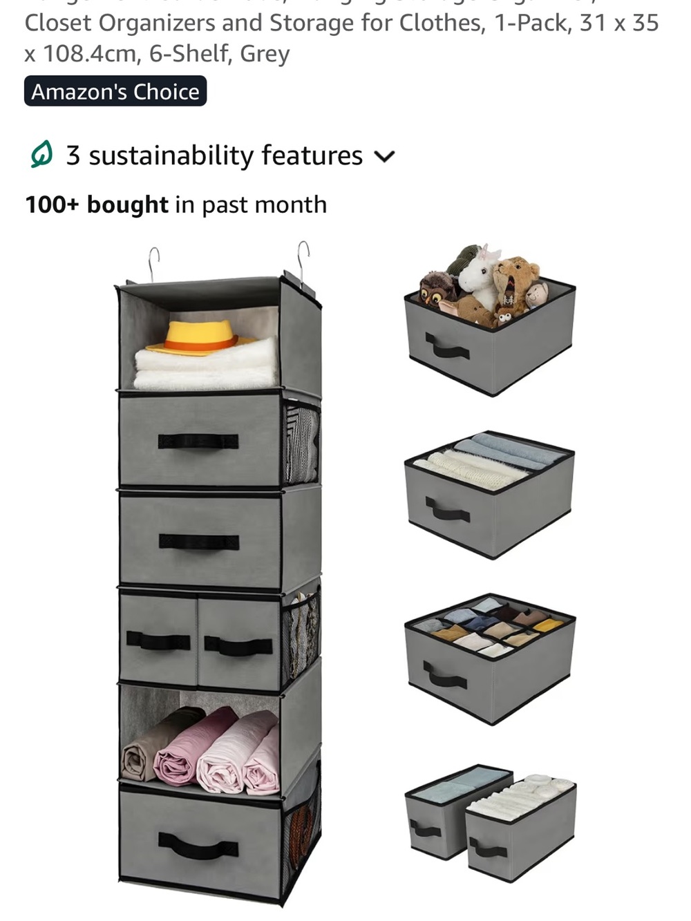 Gray Hanging Closet Organizer with Drawers - Brand: